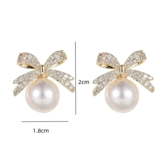 Anthropologie Pearl and Bow Gold Rhinestone Earrings - Picture 2 of 4